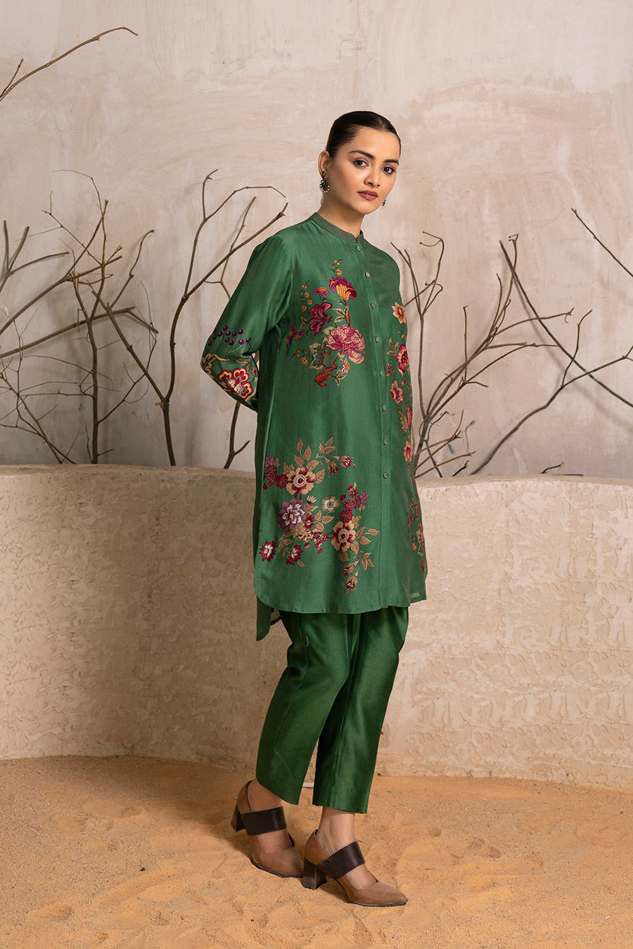 Green Silk Chanderi Floral Printed Shirt Style Tunic (1 PC)