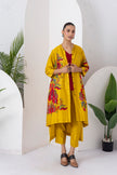 Yellow Silk Chanderi Printed Front Open Floral High-Low Dress (1 PC)