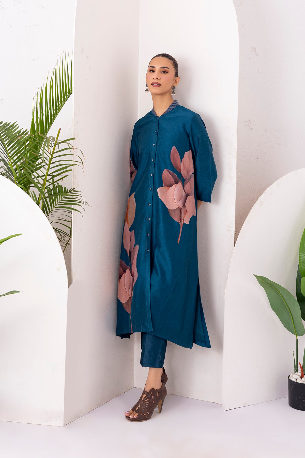 Indigo Silk Chanderi Leaf Printed Dress (1 PC)