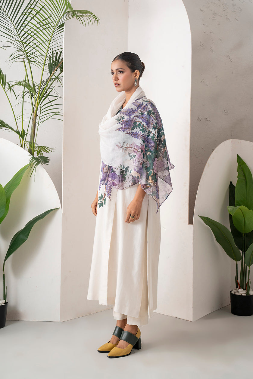 Ivory Thin Chanderi Wisteria Printed Stole (1 PC)