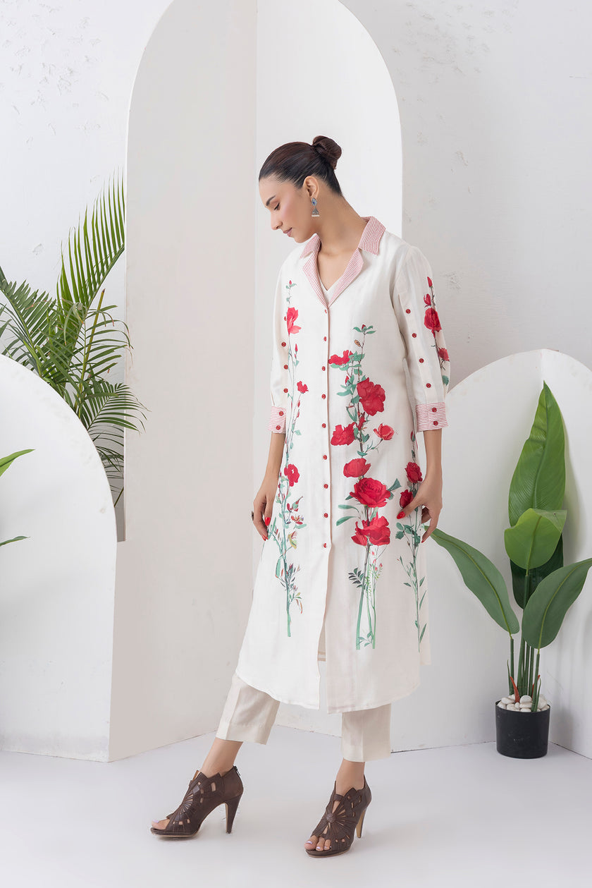Ivory Silk Chanderi Front Open Printed Dress (1 PC)