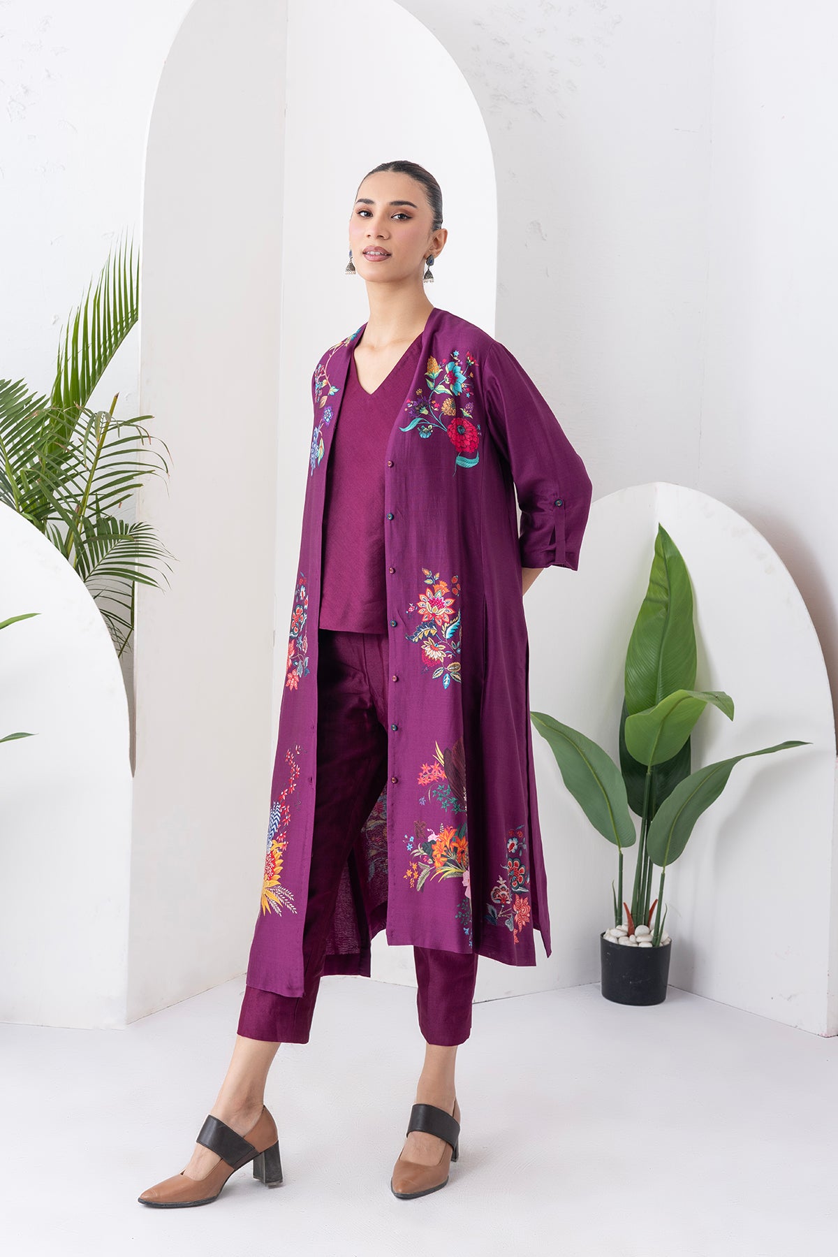 Wine Silk Chanderi Printed High-Low Dress (1 PC)