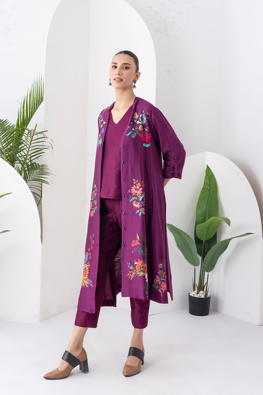 Wine Silk Chanderi Printed High-Low Dress (1 PC)
