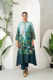 Blue Fades Gently From Mint To Midnight Silk Chanderi Hand-Painted Garden Printed Dress (1 PC)