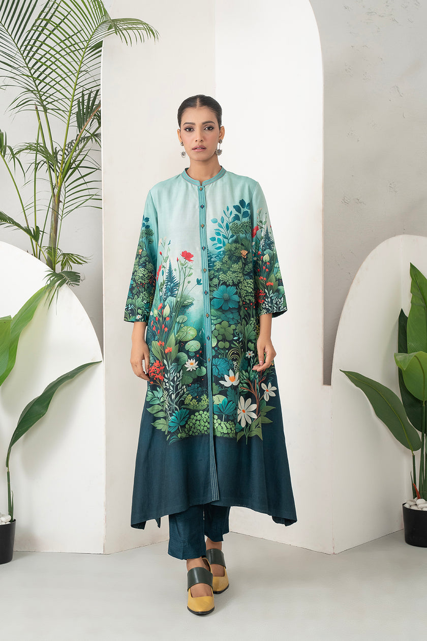 Blue Fades Gently From Mint To Midnight Silk Chanderi Hand-Painted Garden Printed Dress (1 PC)