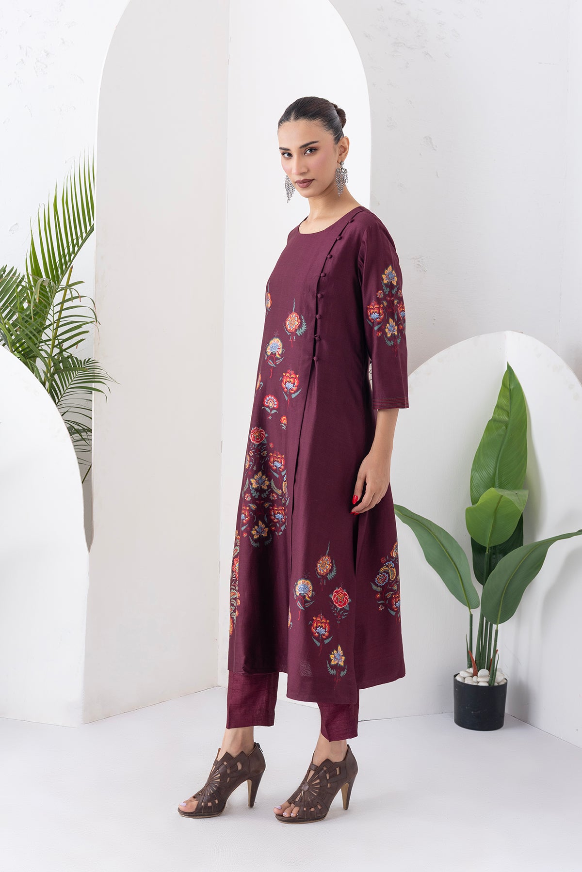 Chocolate Brown Silk Chanderi Printed Side Panel Dress (1 PC)