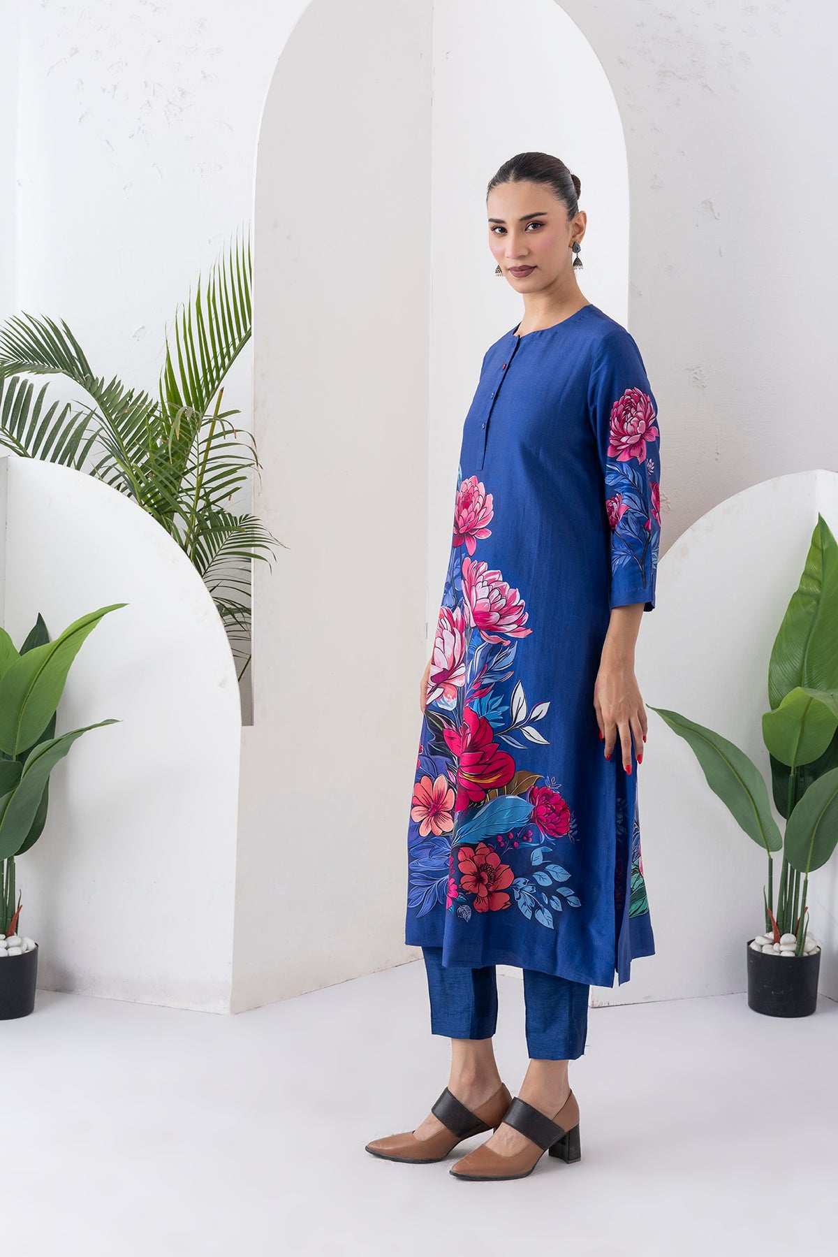 Cobalt Blue Silk Chanderi Printed Tunic (1 PC)