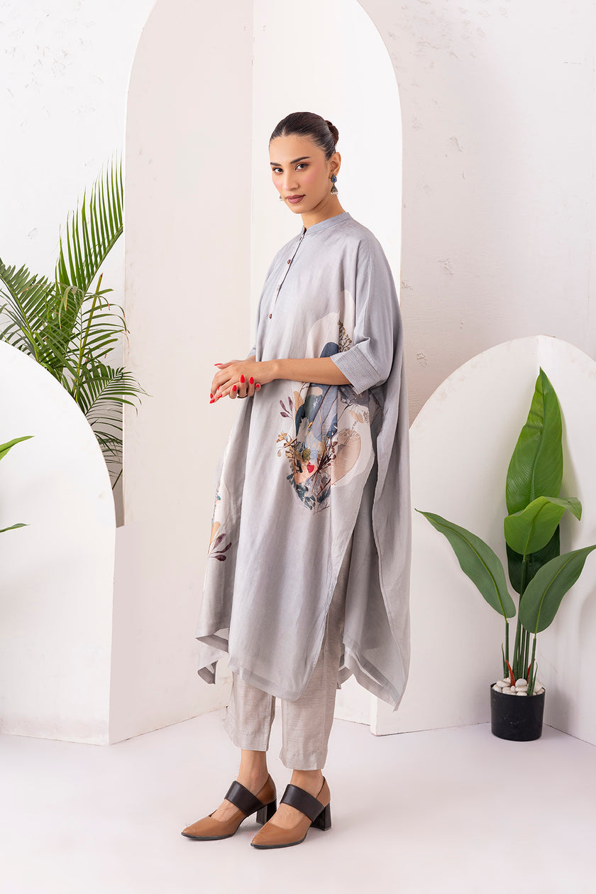 Grey Viscose Dupion Printed Kaftan Style Dress (1 PC)