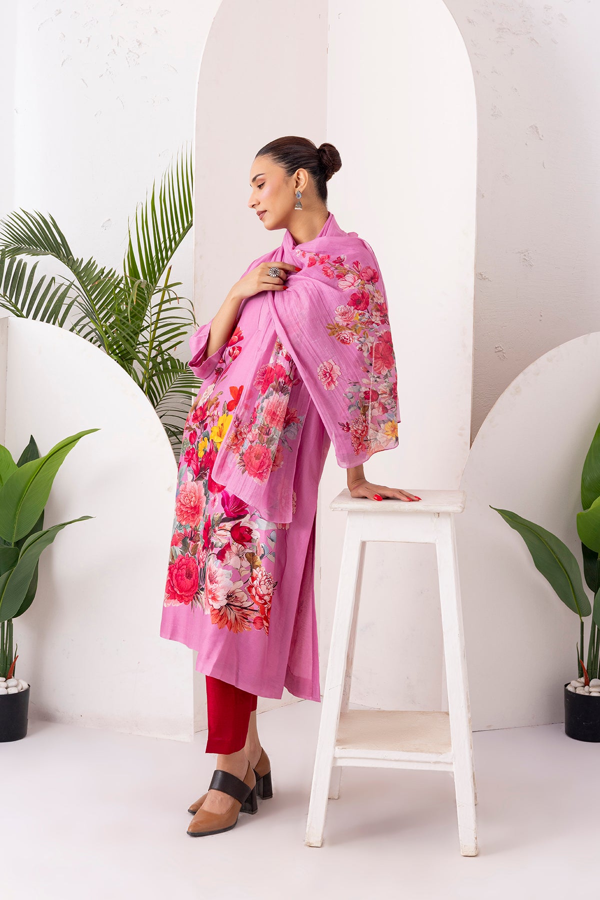Salmon Pink Thin Chanderi Printed Stole (1 PC)