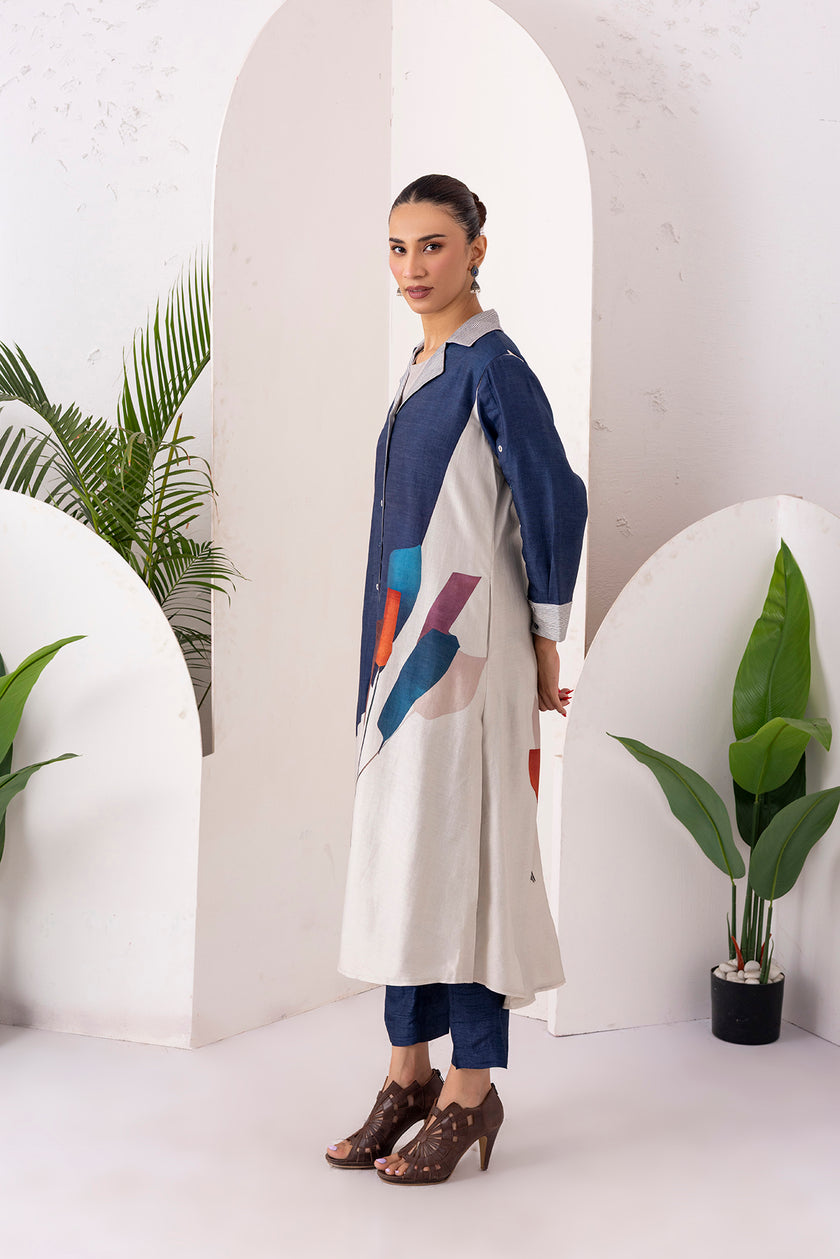 Blue & Ivory Silk Chanderi Printed Front Open Dress (1 PC)