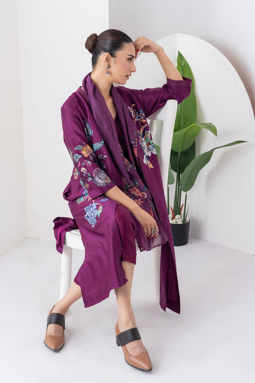 Wine Silk Chanderi Floral Printed Front Open Dress (1 PC)