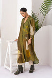 Moss Green Shaded Viscose Dupion Printed Dress (1 PC)