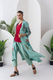 Mint Silk Chanderi Floral Printed Front Open Dress (1 PC)