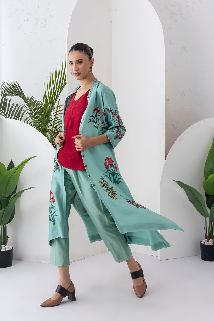 Mint Silk Chanderi Floral Printed Front Open Dress (1 PC)