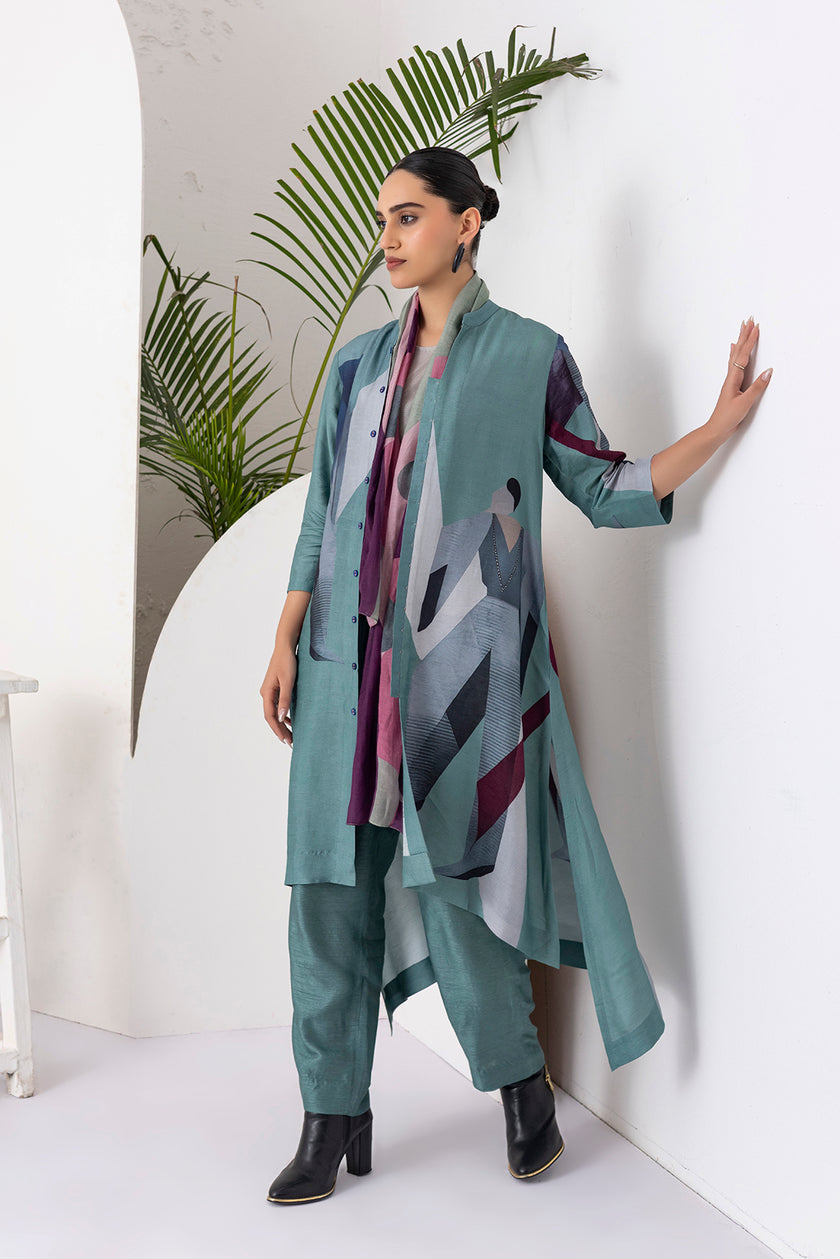 Sage Green Viscose Dupion Printed Dress (1 PC)
