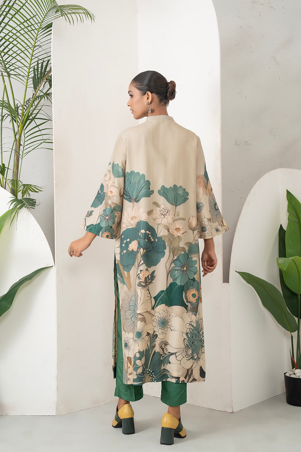 Beige Silk Chanderi Delicate Floral Artwork Printed Tunic (1 PC)
