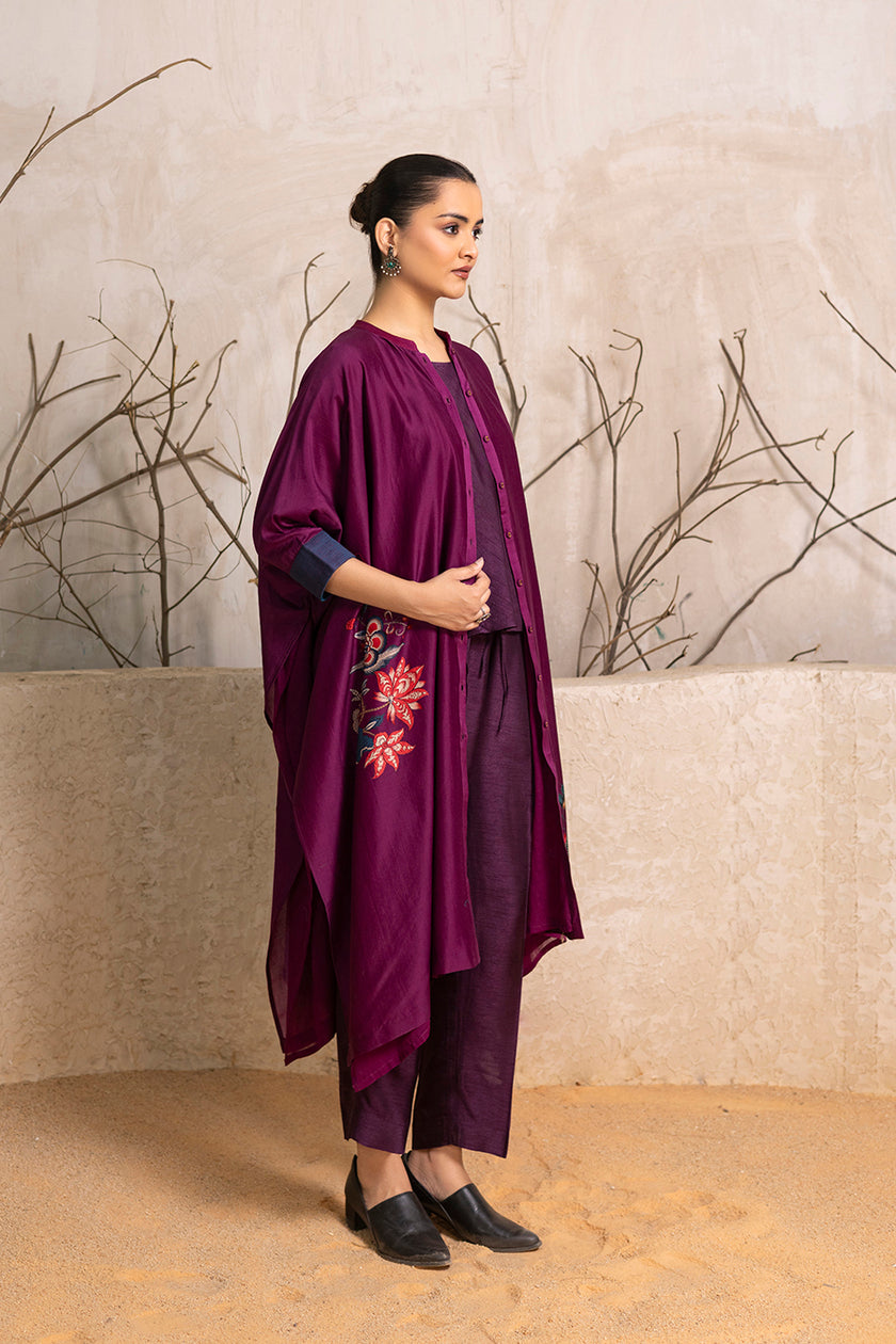 Wine Silk Chanderi Printed Kaftan Style Dress (1 PC)