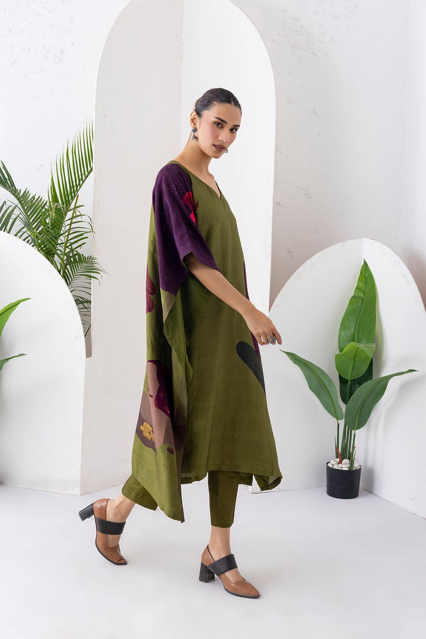 Leaf Green Viscose Dupion Printed Kaftan (1 PC)