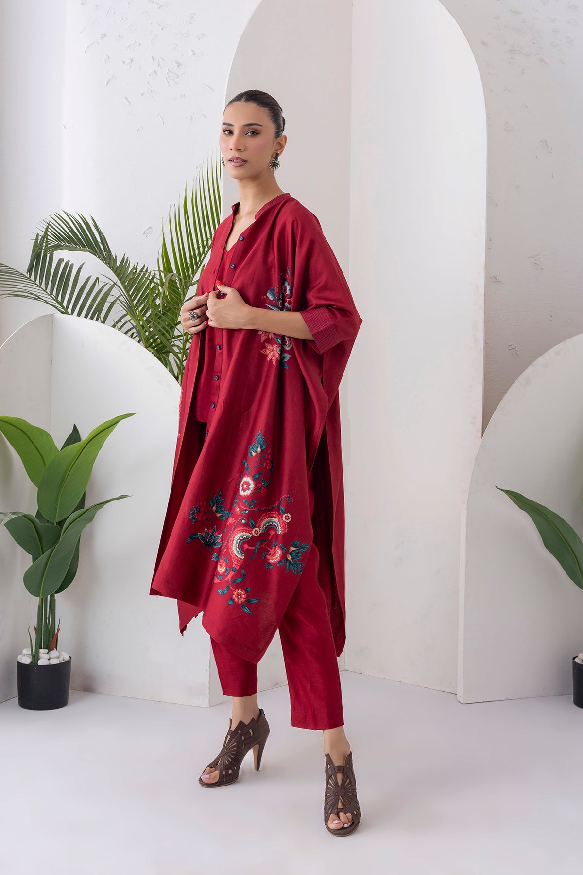 Maroon Silk Chanderi Printed Kaftan Style Dress (1 PC)