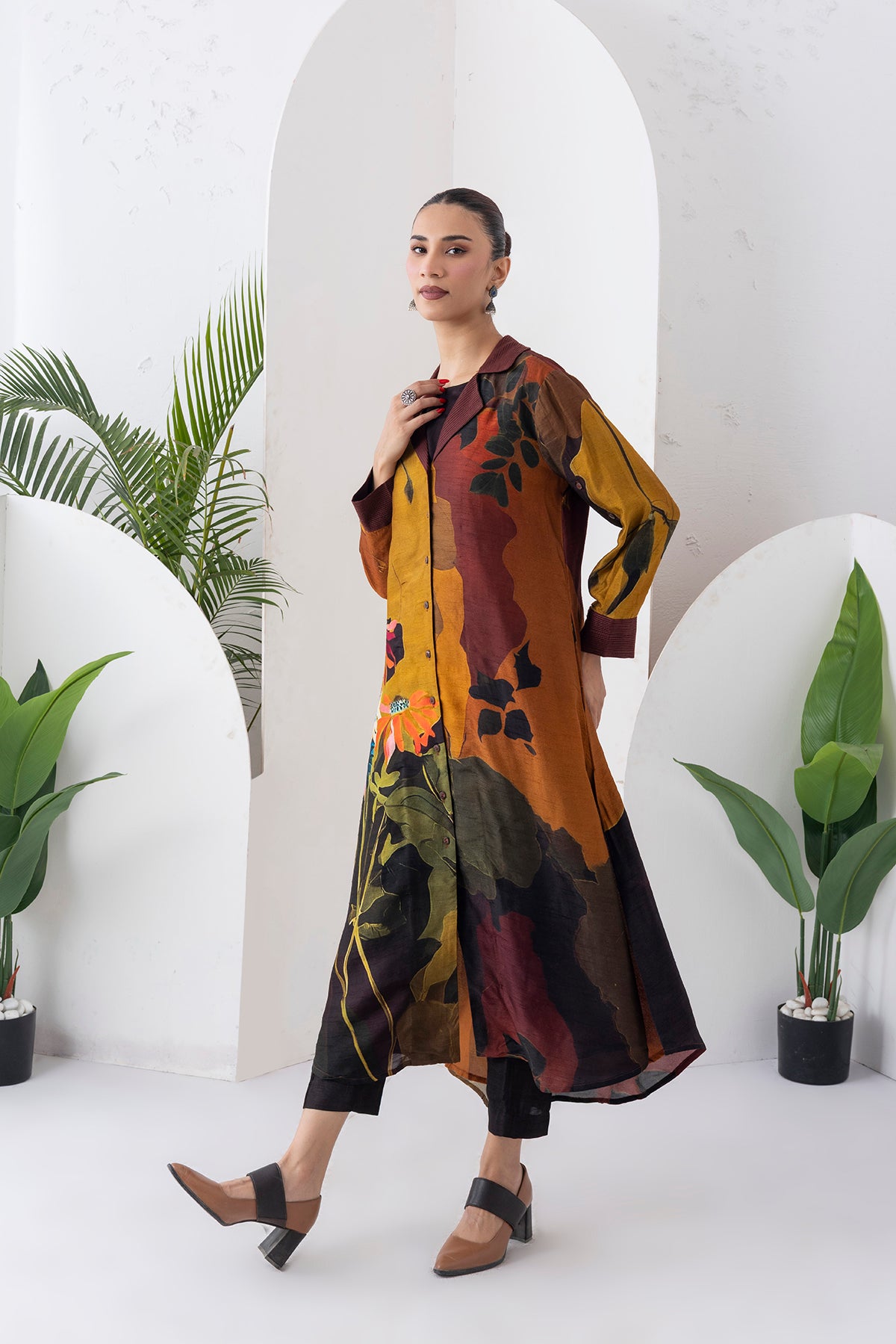 Mustard & Brown Viscose Dupion Printed Front Open Dress (1 PC)