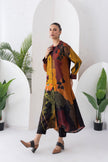 Mustard & Brown Viscose Dupion Printed Front Open Dress (1 PC)