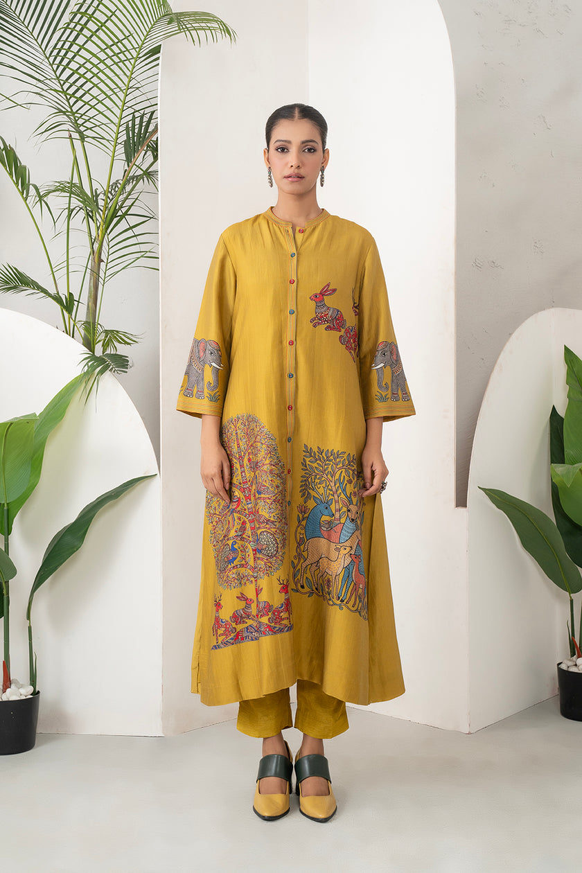 Mustard Silk Chanderi Traditional Inspired Printed Dress (1 PC)