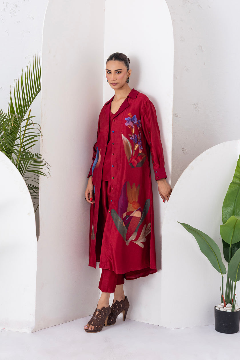 Red Silk Chanderi Printed Front Open Dress (1 PC)