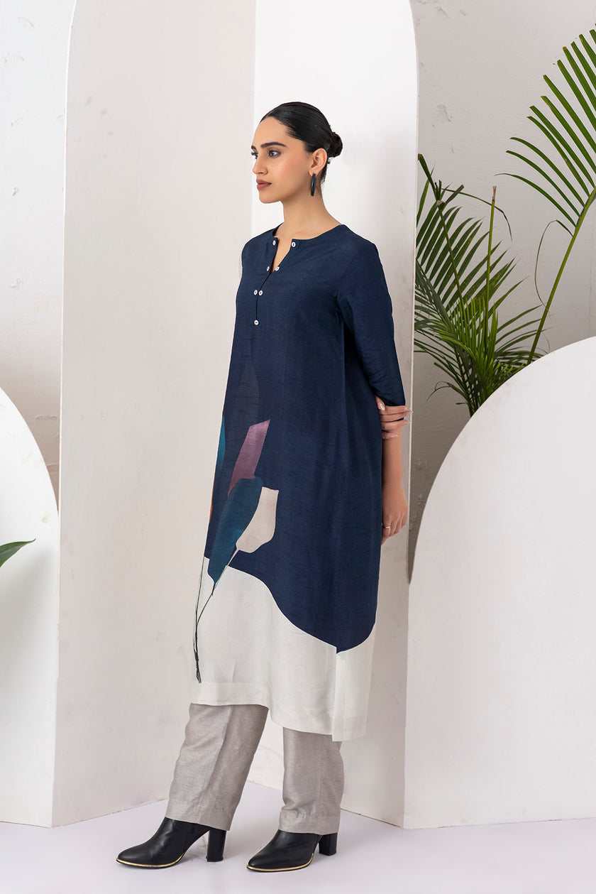 Blue & Ivory Viscose Dupion Printed Tunic (1 PC)