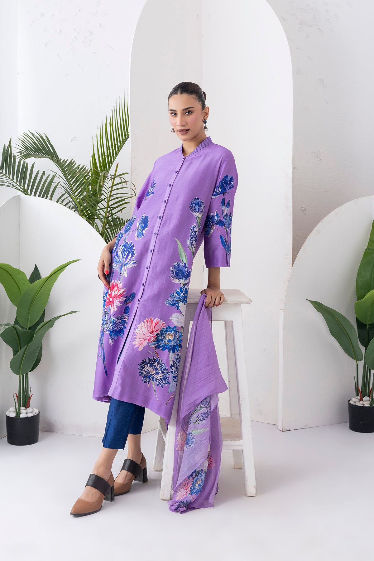 Lavender Silk Chanderi Front Open Printed Dress (1 PC)