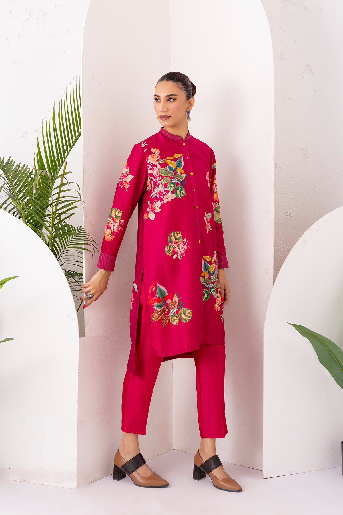 Hot Pink Silk Chanderi Floral Printed Shirt Style Tunic (1 PC)