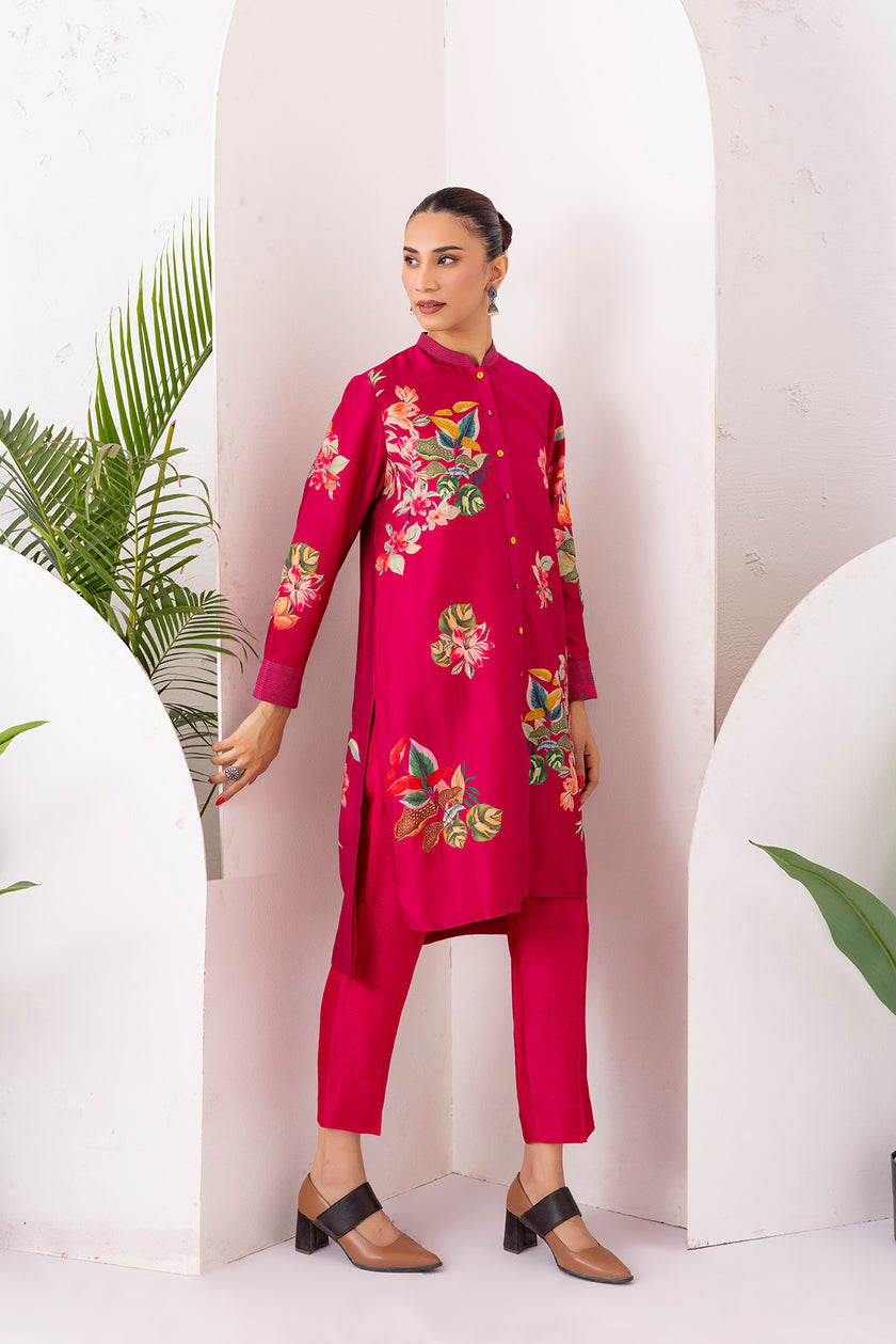 Hot Pink Silk Chanderi Floral Printed Shirt Style Tunic (1 PC)