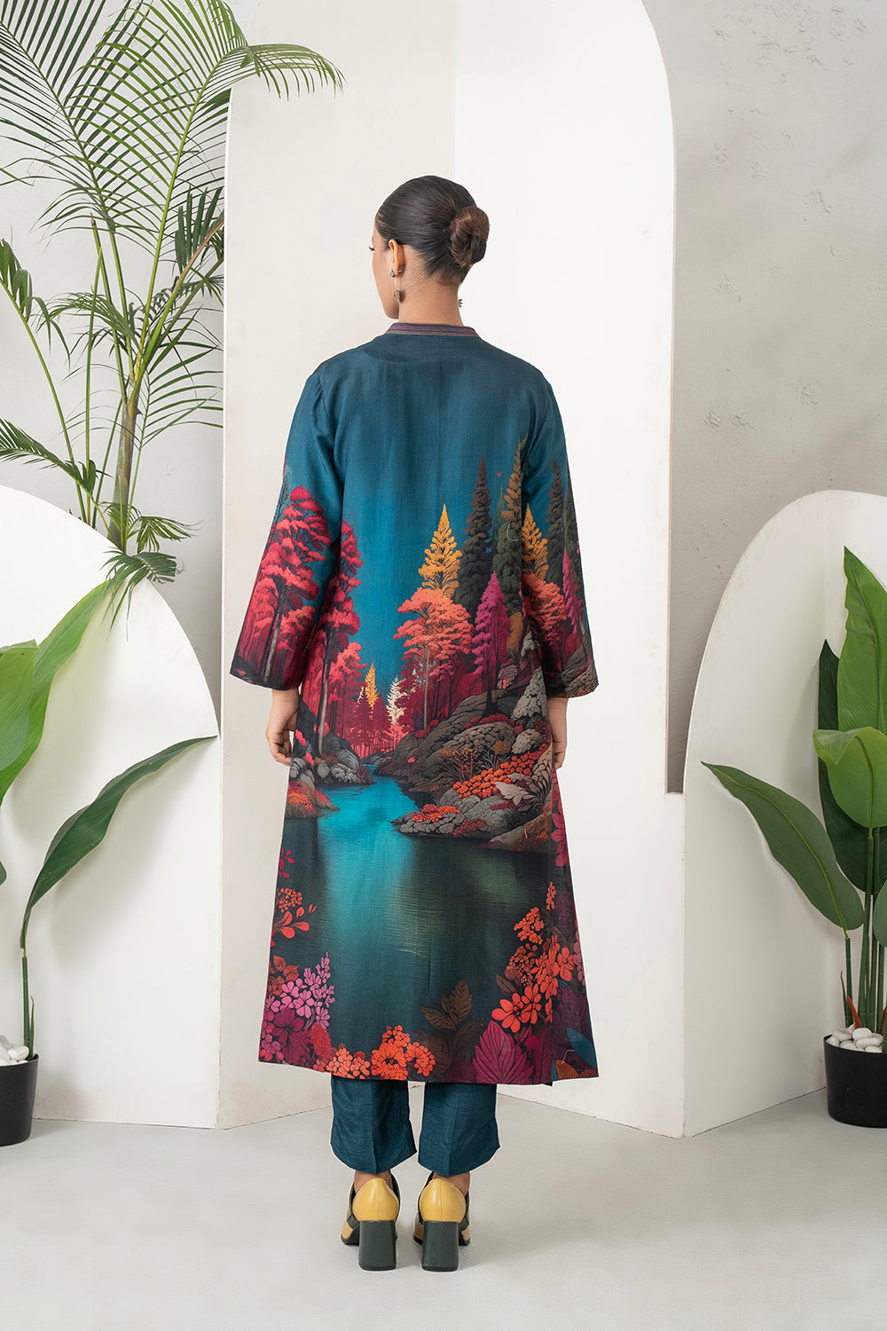 Deep Teal Fades Into Twilight Blue Silk Chanderi Forest Scene Printed Dress (1 PC)