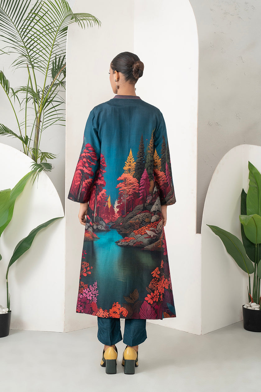 Deep Teal Fades Into Twilight Blue Silk Chanderi Forest Scene Printed Dress (1 PC)