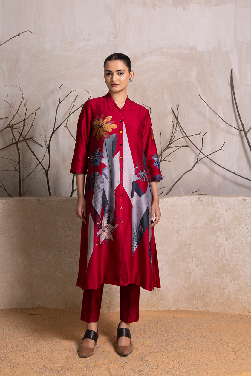 Red Silk Chanderi Printed Front Open Dress (1 PC)