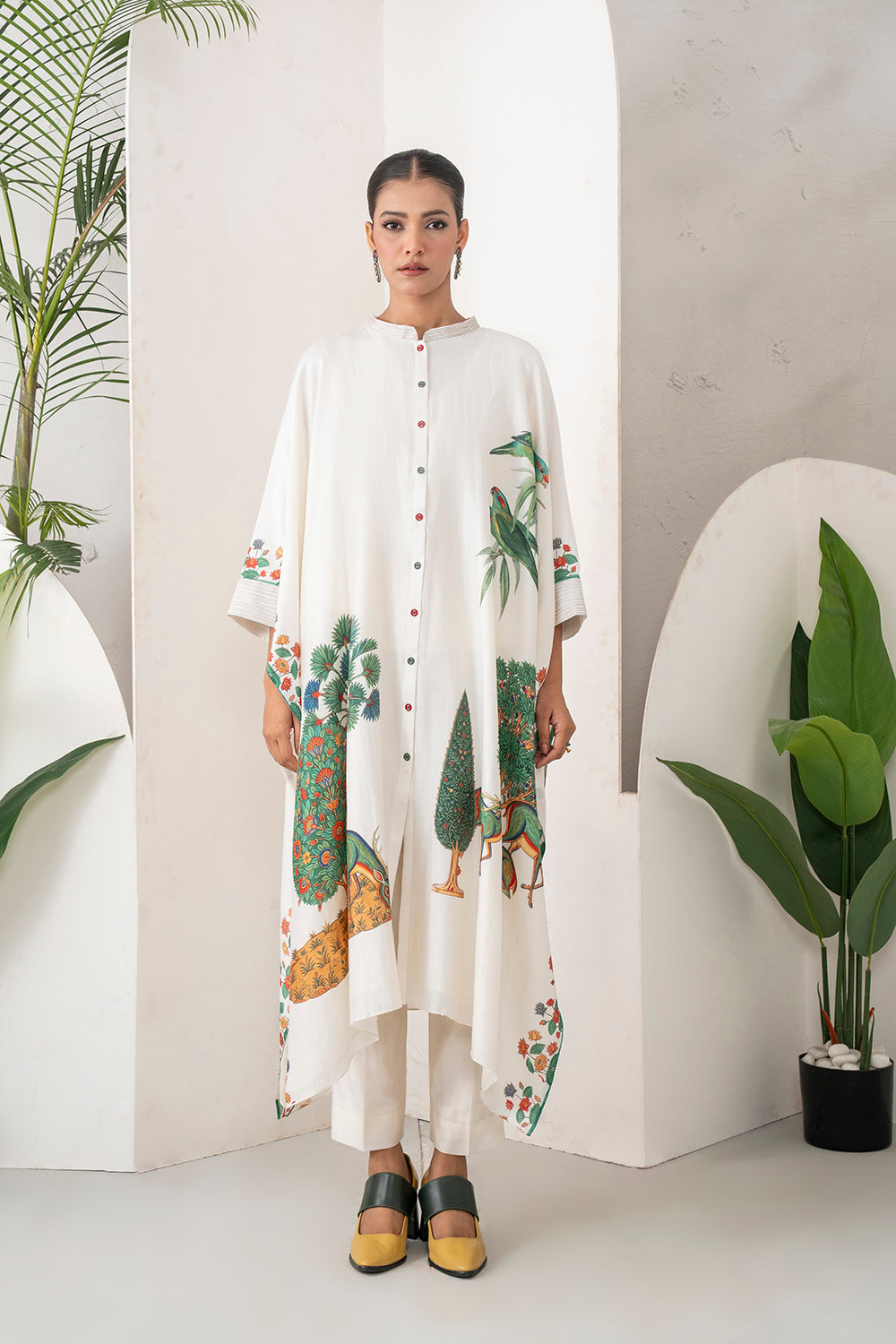 Ivory Silk Chanderi Folk Tale Printed Kaftan (1 PC)