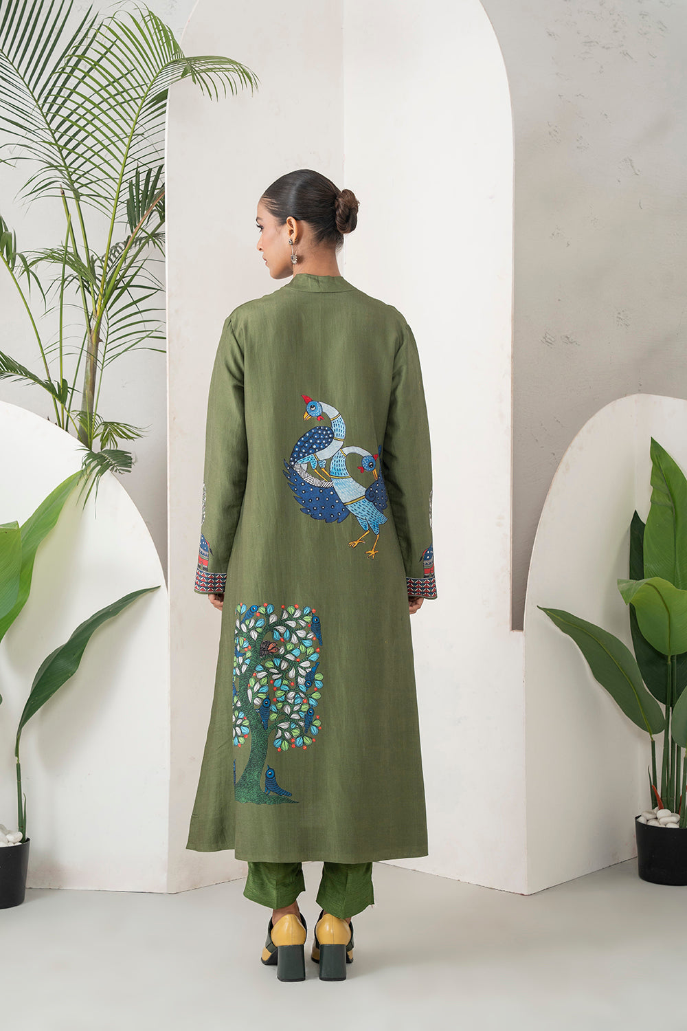 Leaf Green Silk Chanderi Front-Pleated Striking Peacock And Bird Printed Dress (1 PC)