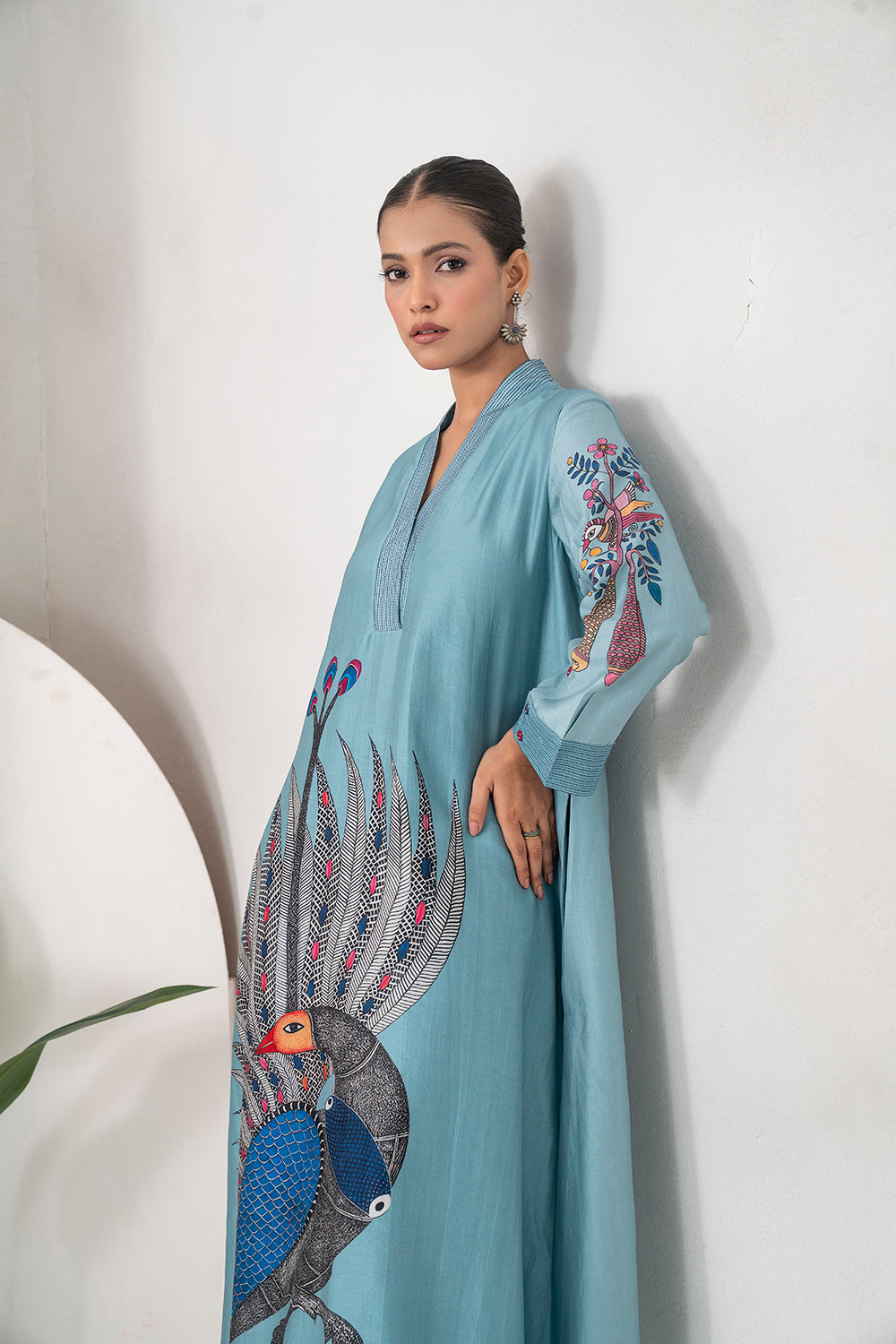 Sky Blue Silk Chanderi Striking Peacock Illustration Printed Tunic (1 PC)