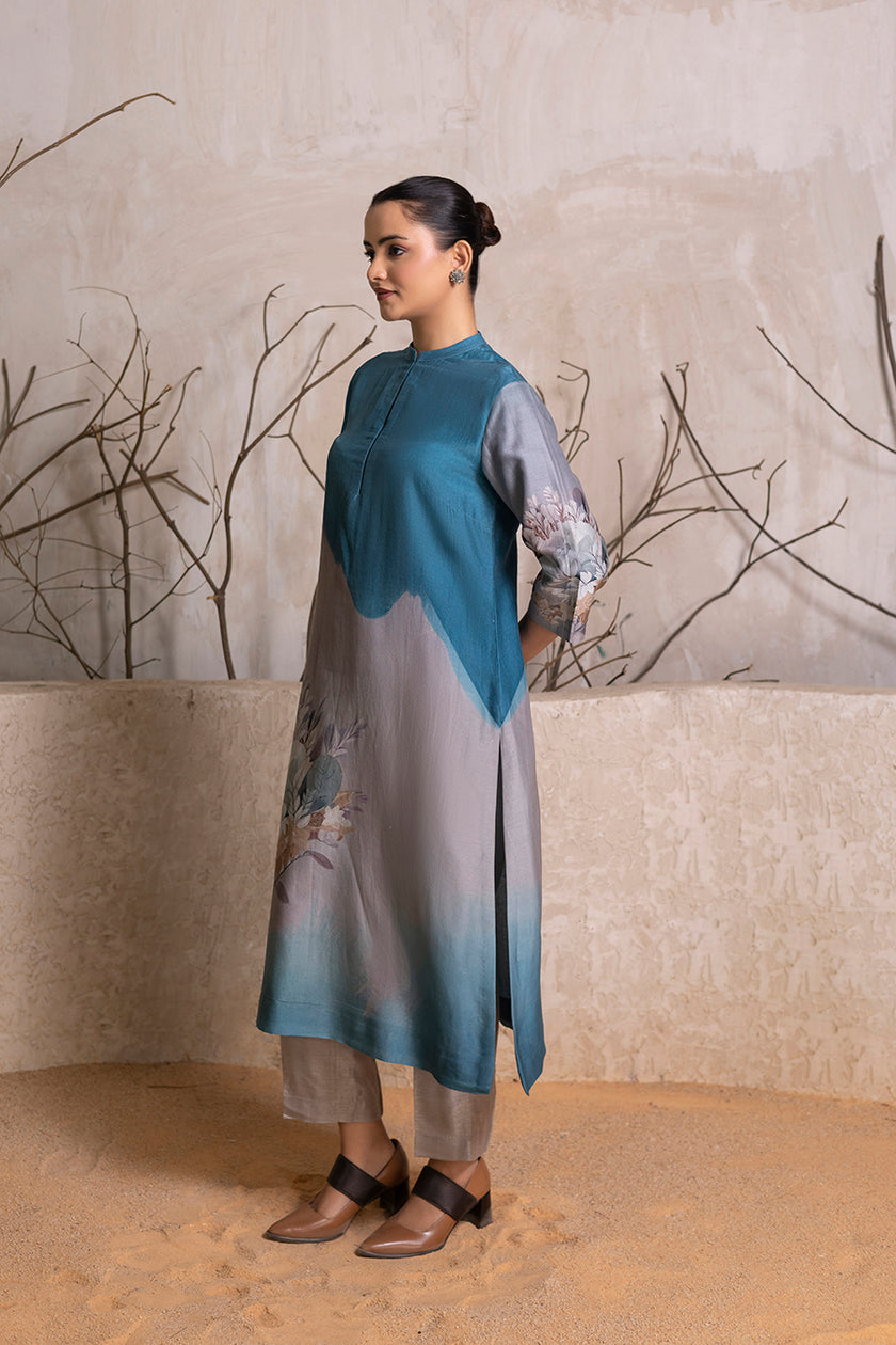 Denim Blue & Grey Shaded Silk Chanderi Printed Tunic (1 PC)