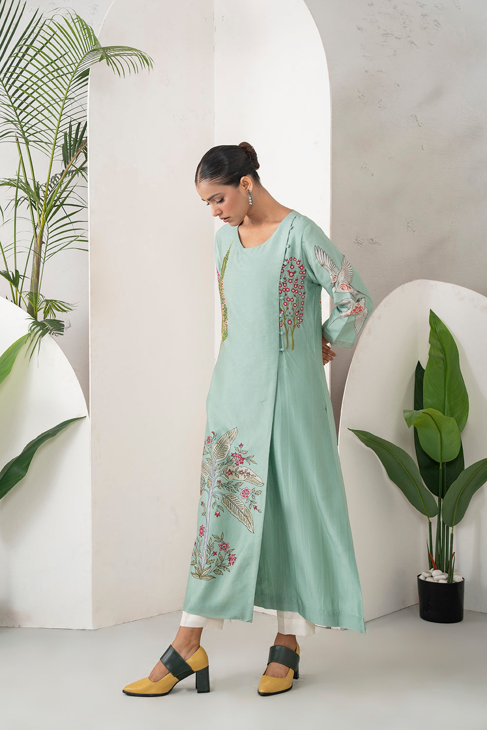 Mint Silk Chanderi Miniature Painting Inspired Printed Dress (1 PC)