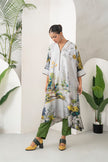 Grey Silk Chanderi Painterly Landscape Printed Zippered Dress (1 PC)