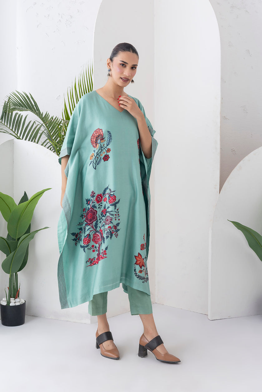 Mint Silk Chanderi Chintz Printed Kaftan (1 PC)