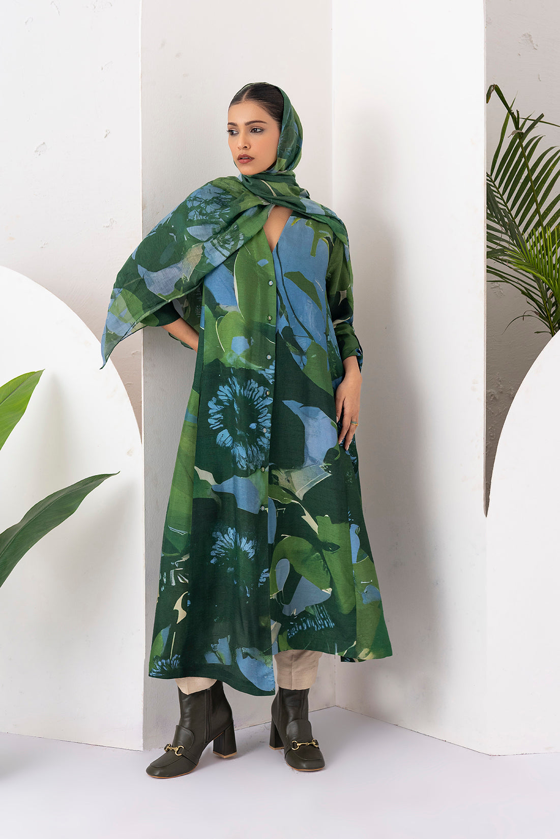 Green & Blue Viscose Dupion Printed Dress (1 PC)