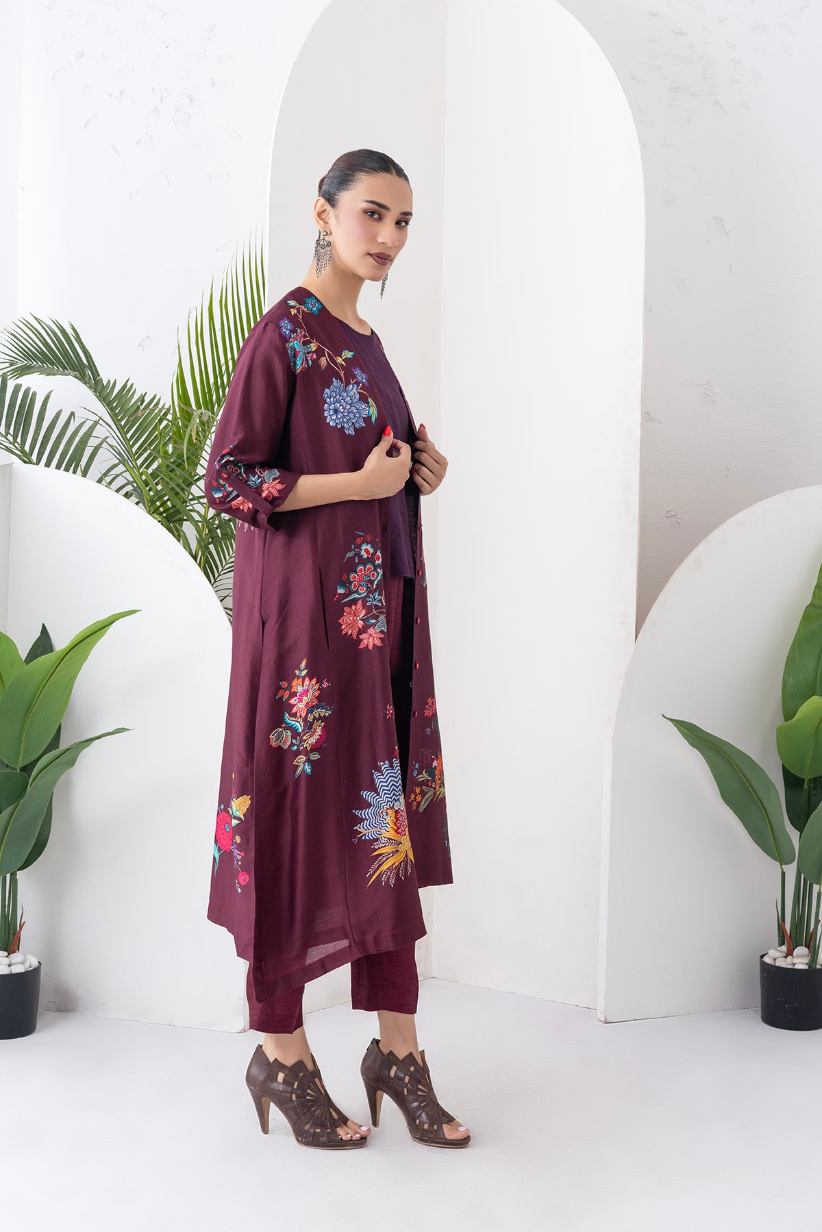 Chocolate Brown Silk Chanderi Printed High-Low Dress (1 PC)