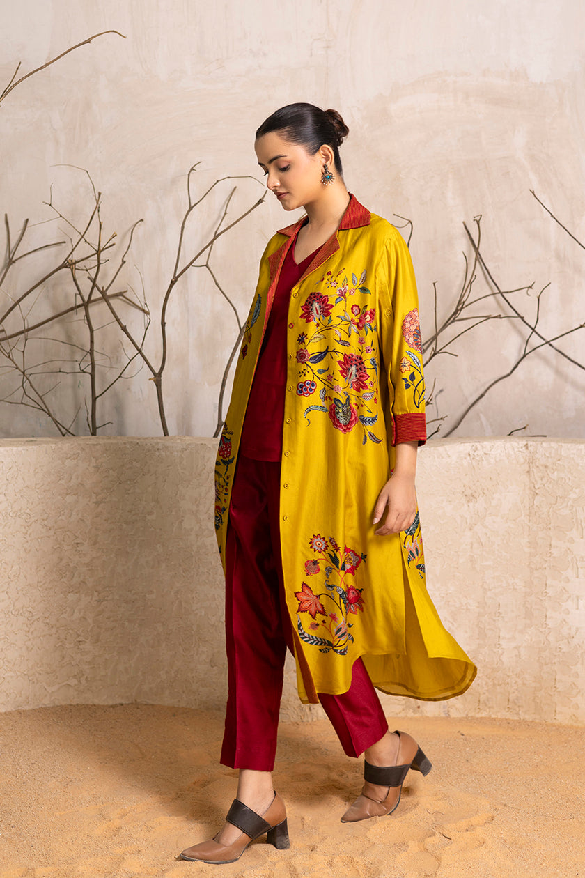 Yellow Silk Chanderi Chintz Printed Front Open Dress (1 PC)