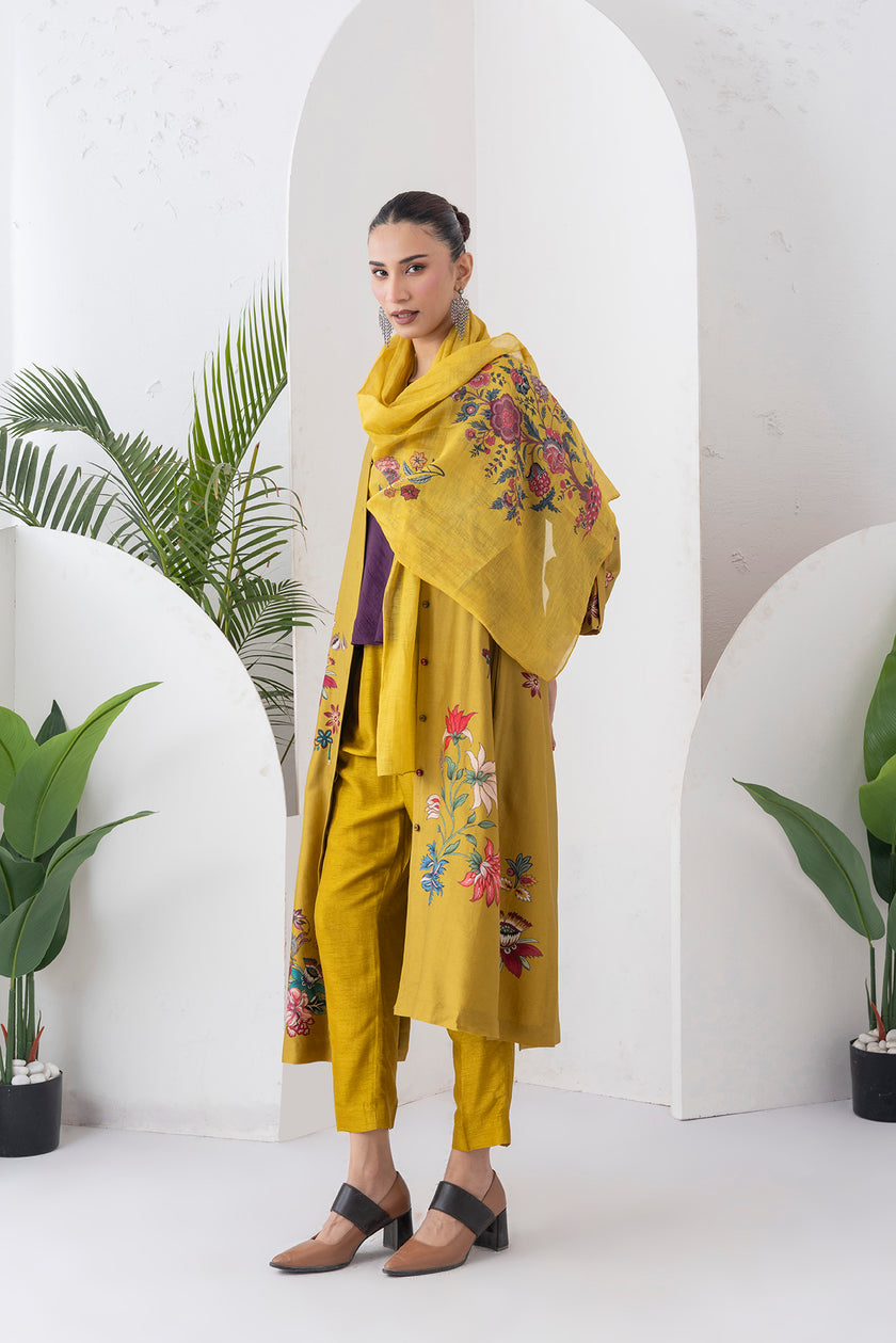 Mustard Silk Chanderi Printed High-Low Dress (1 PC)