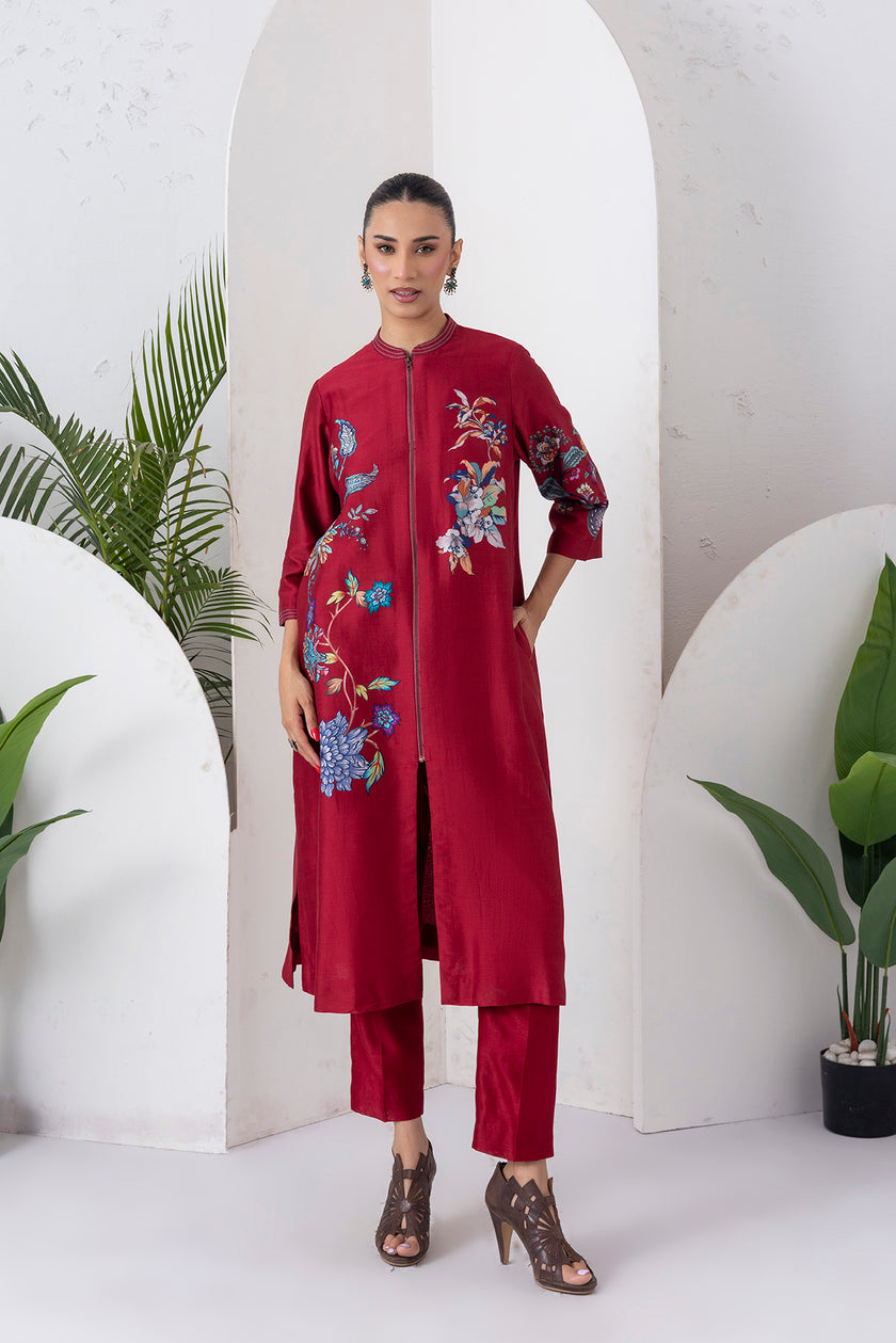 Maroon Silk Chanderi Floral Printed Front Open Dress (1 PC)