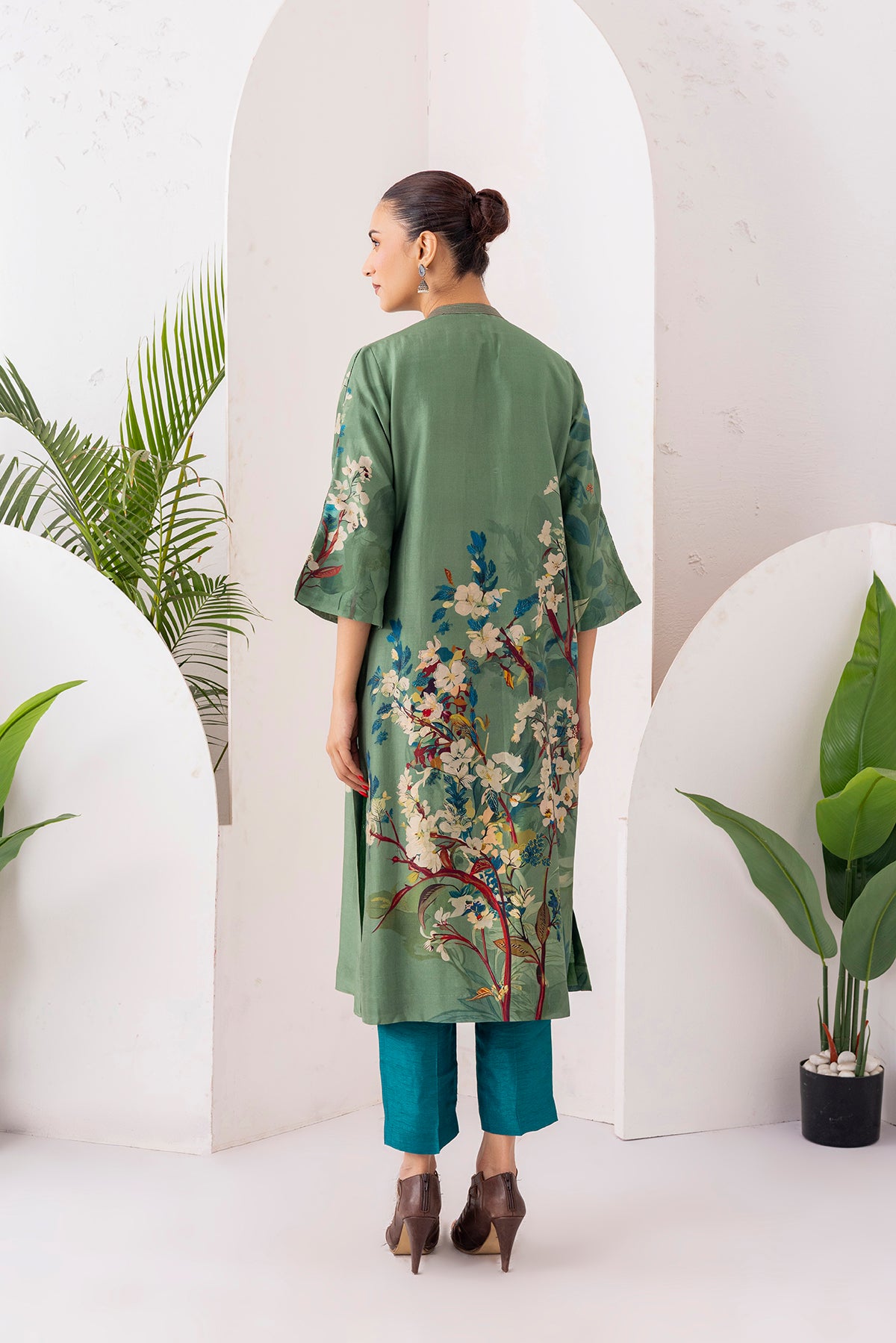 Sage Green Silk Chanderi Printed Front Pleat Tunic (1 PC)