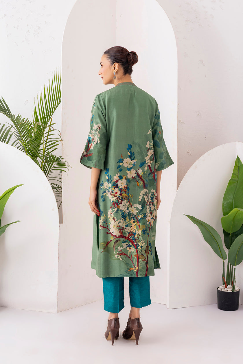 Sage Green Silk Chanderi Printed Front Pleat Tunic (1 PC)