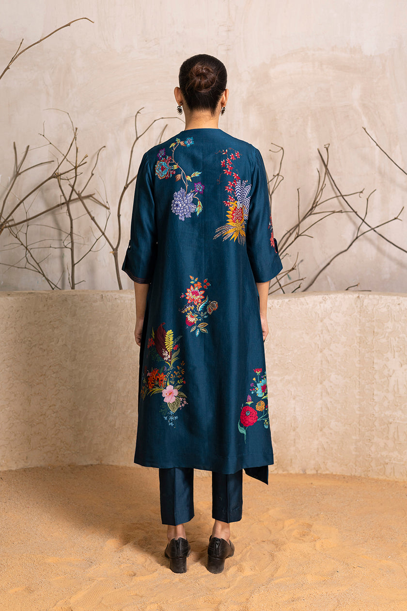 Indigo Silk Chanderi Printed High-Low Dress (1 PC)