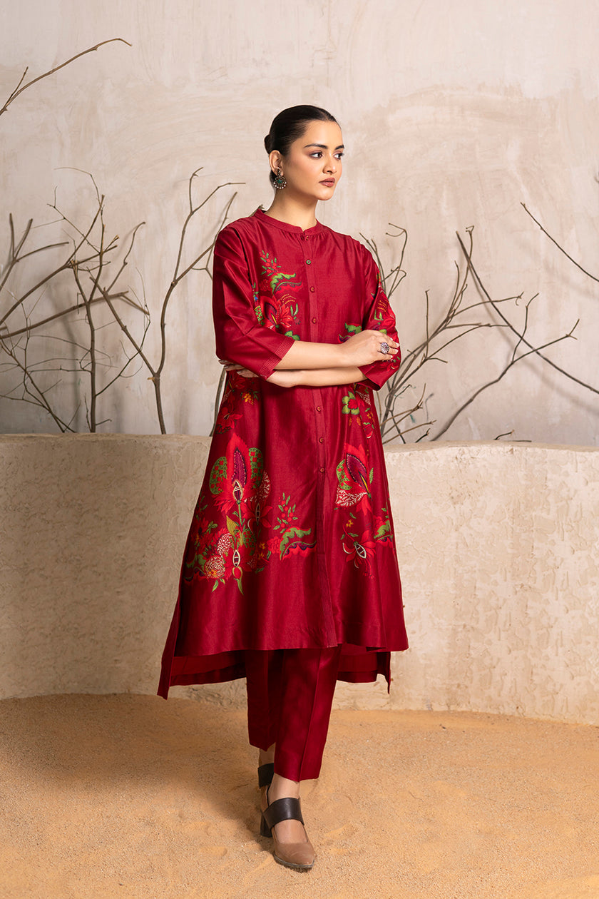 Red Silk Chanderi Printed Front Open Floral Dress (1 PC)